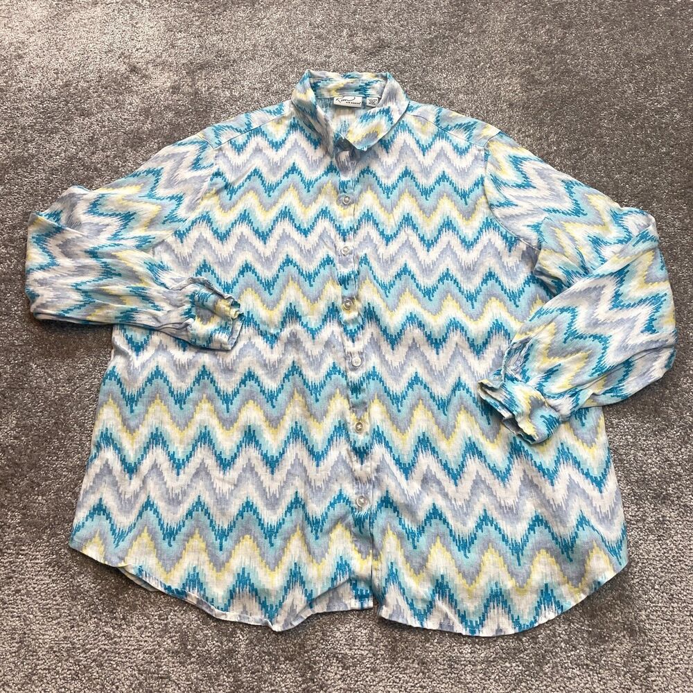 Kim Rogers Button Up Blouse Shirt Womens Large White Blue Zig Zag Linen Top